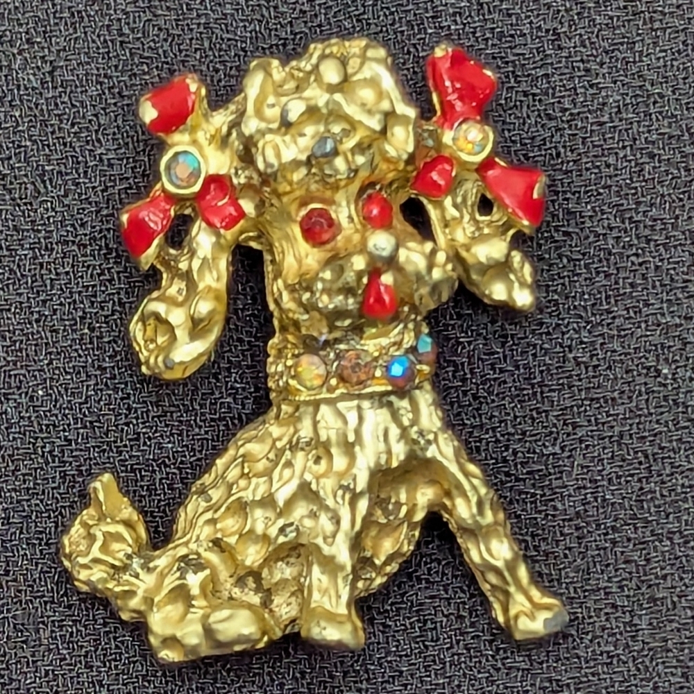 Poodle Pin Vintage Goldtone Brooch Bows Rhinestone Color 1.25" Dog lovers